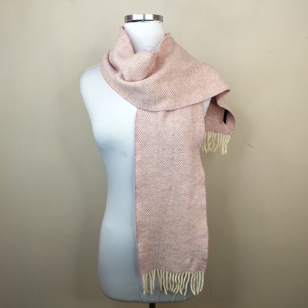 Lauren Ralph Lauren Lambswool Scarf Pink Herringbone Fringe 62 x 7
